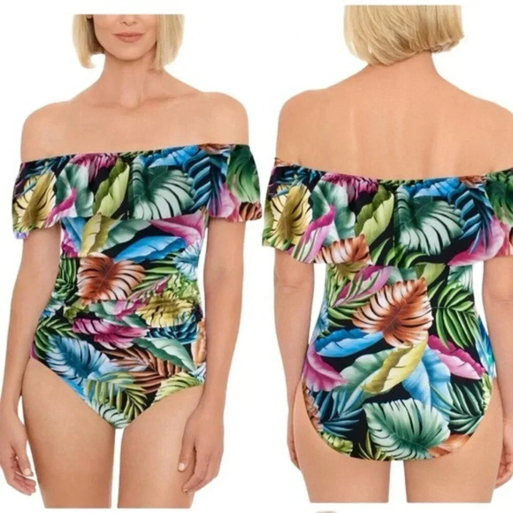 Swim Solutions Tummy-Control Off The Shoulder One Piece Swimsuit Size 12 NWT - Picture 12 of 12